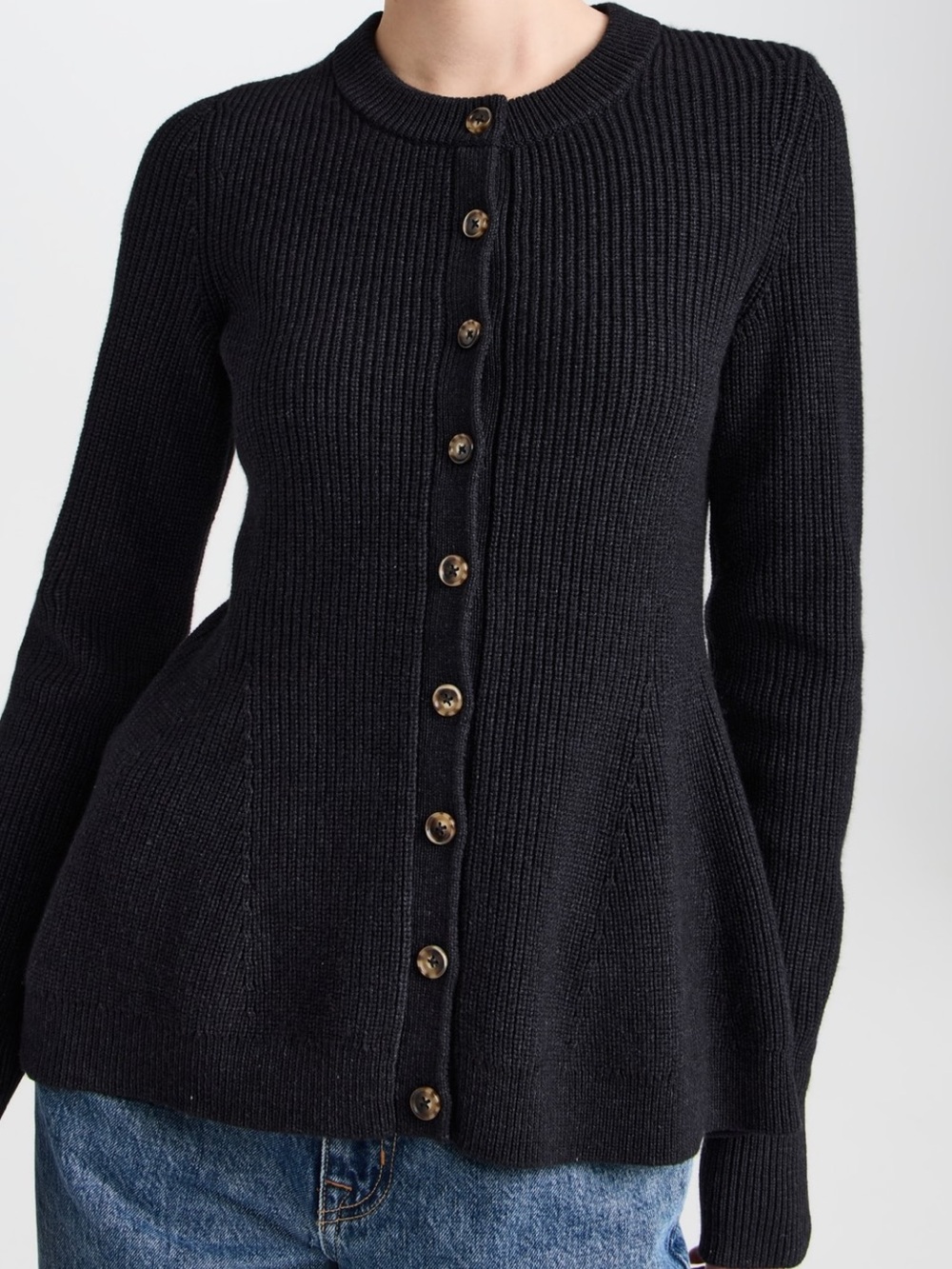 La Ligne Ribbed Flare Cardigan Sweater Peplum Navy Blue Medium - Picture 4 of 9